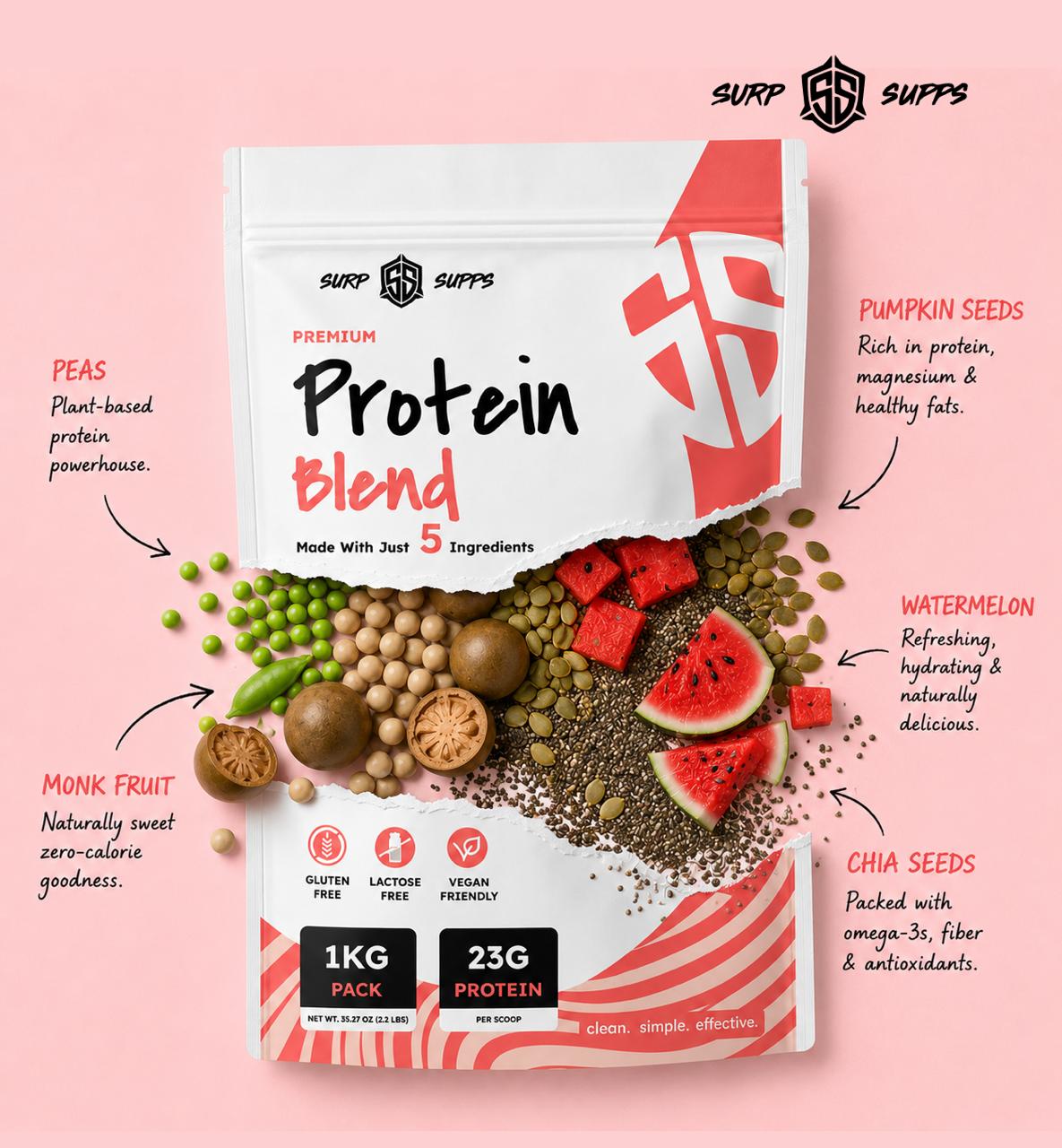 SURP SUPPS Premium Protein Blend Watermelon | 23g Plant Protein Per Serving | 1 KG. - Image 2