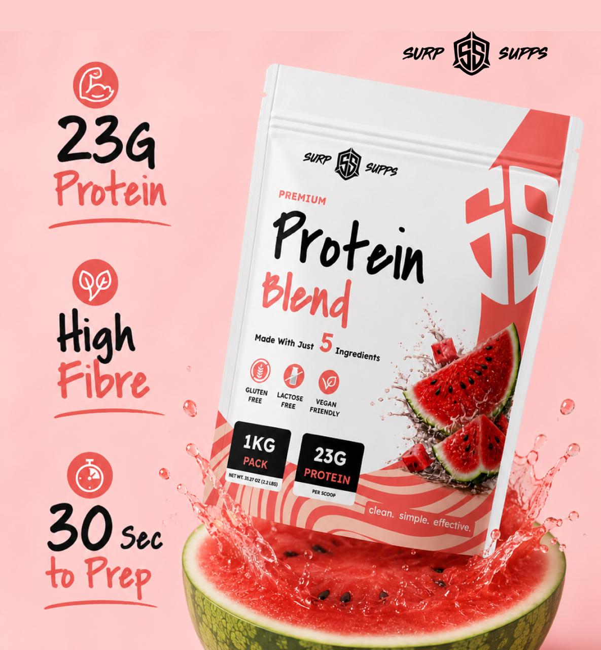 SURP SUPPS Premium Protein Blend Watermelon | 23g Plant Protein Per Serving | 1 KG.